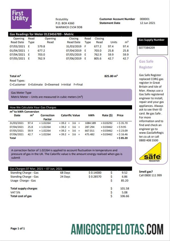 Em branco Reino Unido Warwick primeiro modelo de conta de serviços públicos em formato Word e PDF